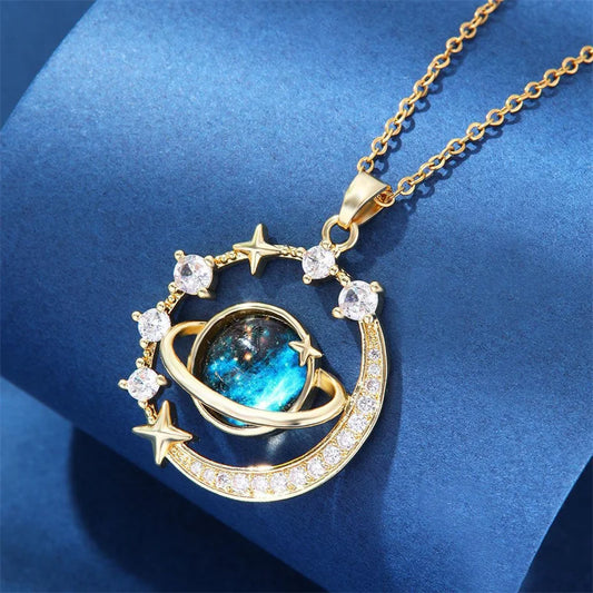 1PC Exquisite Blue Starry Sky Planet Pendant Necklace Light Luxury Zircon Stars And Moon Clavicle Chain Necklace Jewelry Gift  ﻿