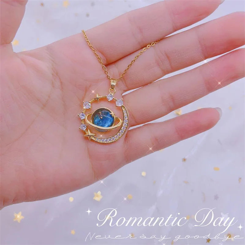 1PC Exquisite Blue Starry Sky Planet Pendant Necklace Light Luxury Zircon Stars And Moon Clavicle Chain Necklace Jewelry Gift  ﻿