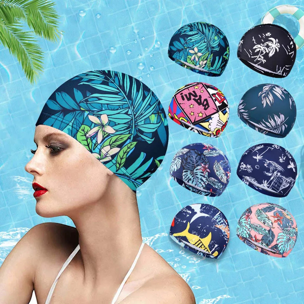 1PC  Fashion Swimming Cap Men/Women Flowers Printed Long Hair Sports Swim Pool Bathing Hat Elastic Nylon Turban Sports Accessory