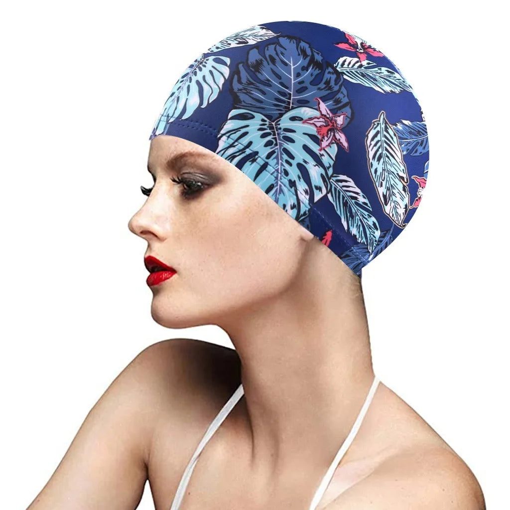 1PC  Fashion Swimming Cap Men/Women Flowers Printed Long Hair Sports Swim Pool Bathing Hat Elastic Nylon Turban Sports Accessory