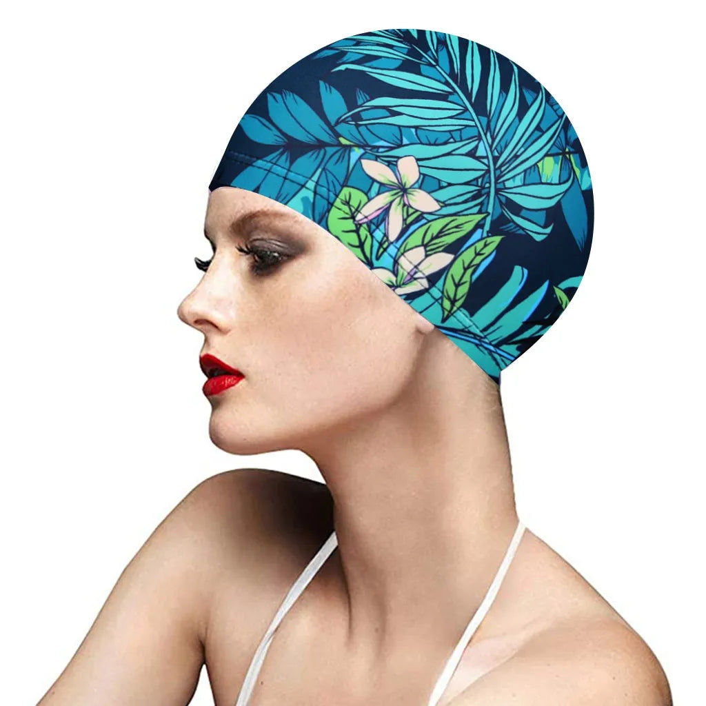 1PC  Fashion Swimming Cap Men/Women Flowers Printed Long Hair Sports Swim Pool Bathing Hat Elastic Nylon Turban Sports Accessory