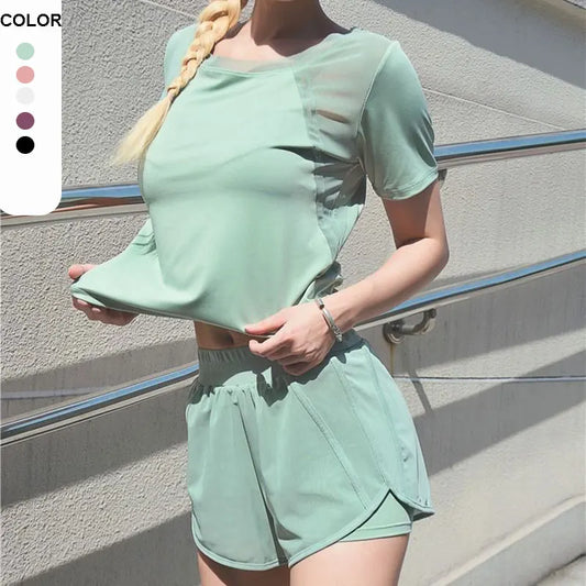 2 piece Woman Sports Sets Gym Wear Women Yoga Set Loose Short Sleeve Tops Breathable Fitness Cycling Shorts Woman Tracksuits