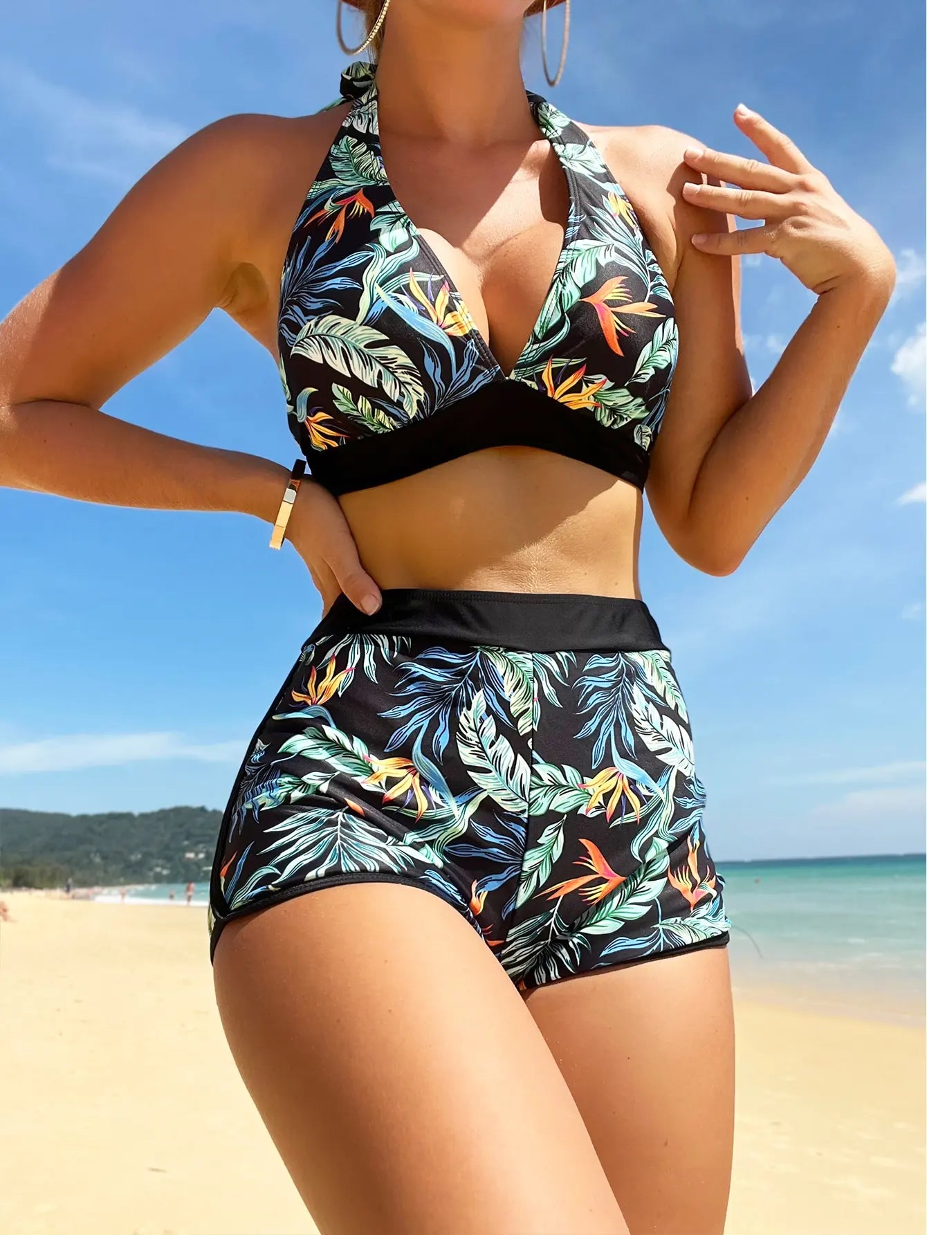 2024 Halter Bikini Set Short Swimsuit Women High Waist Swimwear Female Printed Bathers Swimming Bathing Swim Suit Beachwear