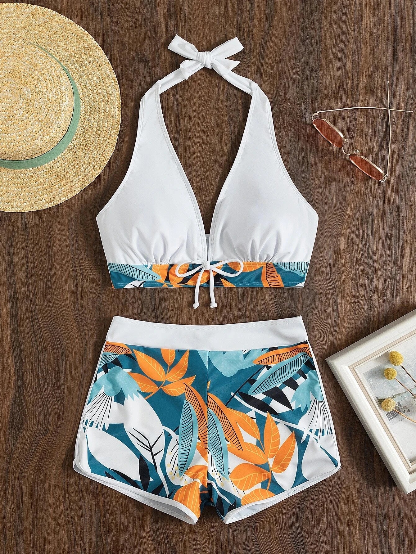 2024 Halter Bikini Set Short Swimsuit Women High Waist Swimwear Female Printed Bathers Swimming Bathing Swim Suit Beachwear