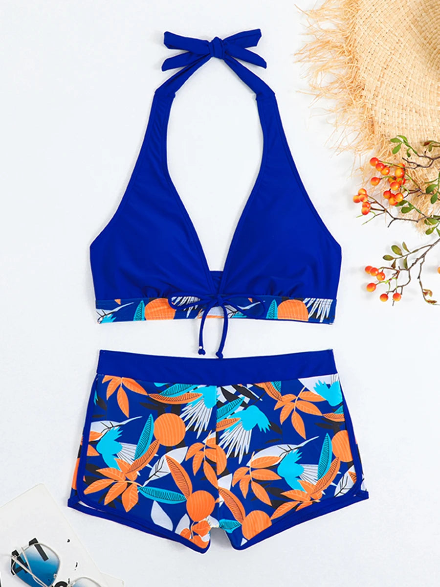 2024 Halter Bikini Set Short Swimsuit Women High Waist Swimwear Female Printed Bathers Swimming Bathing Swim Suit Beachwear