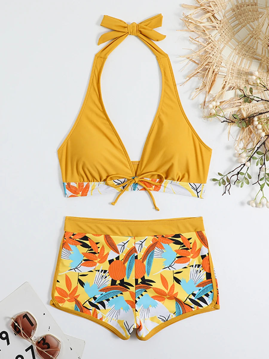 2024 Halter Bikini Set Short Swimsuit Women High Waist Swimwear Female Printed Bathers Swimming Bathing Swim Suit Beachwear