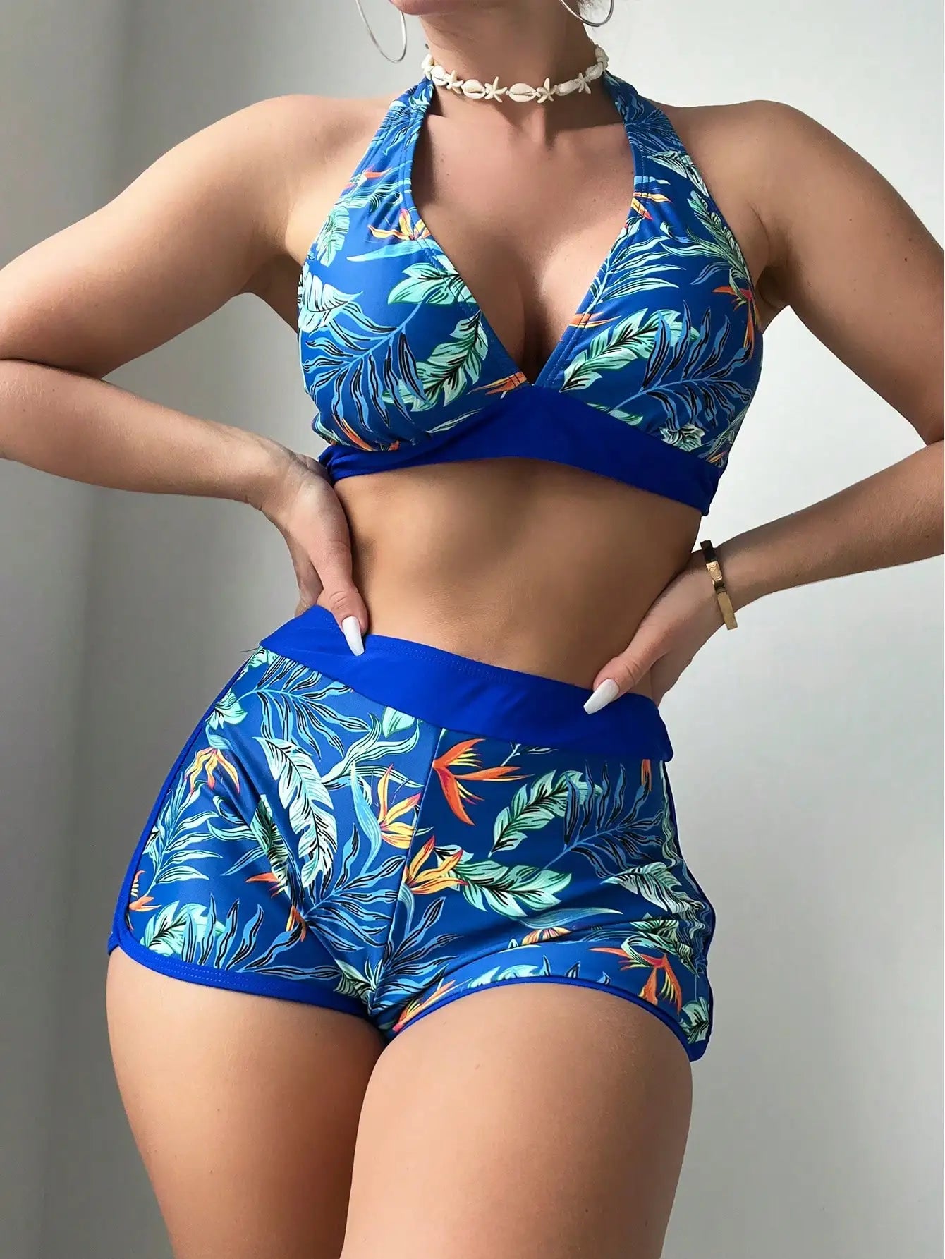 2024 Halter Bikini Set Short Swimsuit Women High Waist Swimwear Female Printed Bathers Swimming Bathing Swim Suit Beachwear