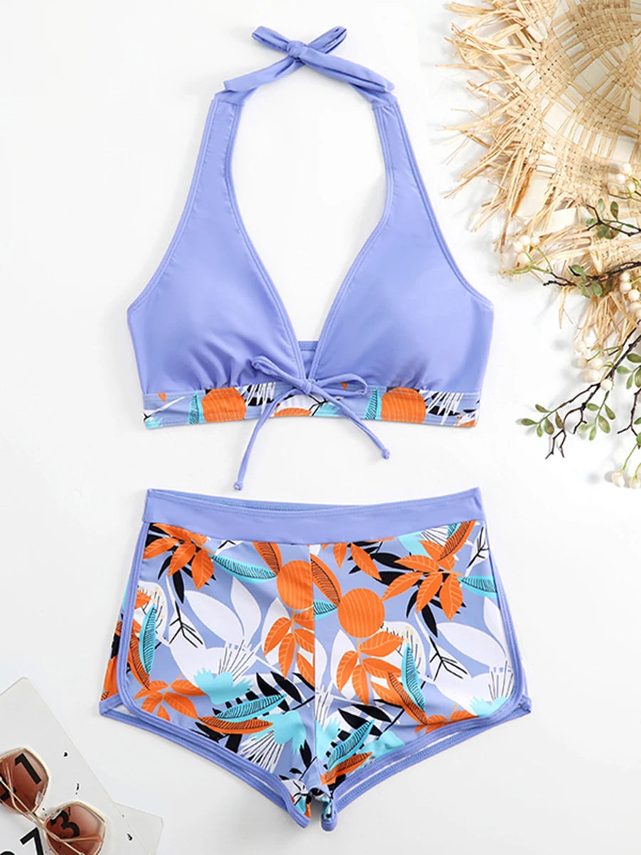 2024 Halter Bikini Set Short Swimsuit Women High Waist Swimwear Female Printed Bathers Swimming Bathing Swim Suit Beachwear