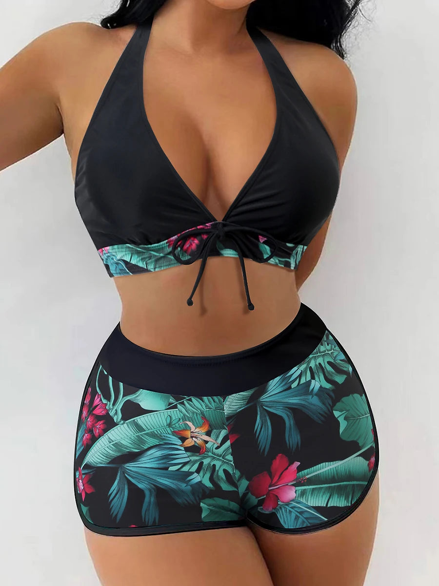 2024 Halter Bikini Set Short Swimsuit Women High Waist Swimwear Female Printed Bathers Swimming Bathing Swim Suit Beachwear