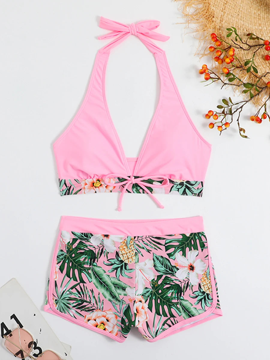 2024 Halter Bikini Set Short Swimsuit Women High Waist Swimwear Female Printed Bathers Swimming Bathing Swim Suit Beachwear