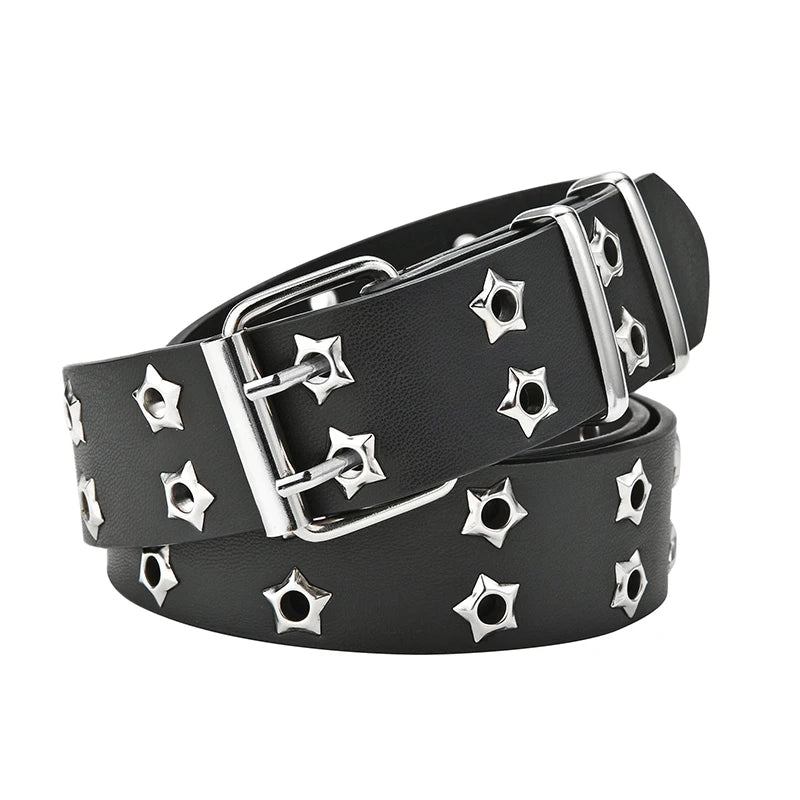 Adjustable Punk Waist Belt Star Eye Rivet Belt Goth Style Double Pin Buckle Pu Leather Waistband For Jeans Fashion Waist Strap