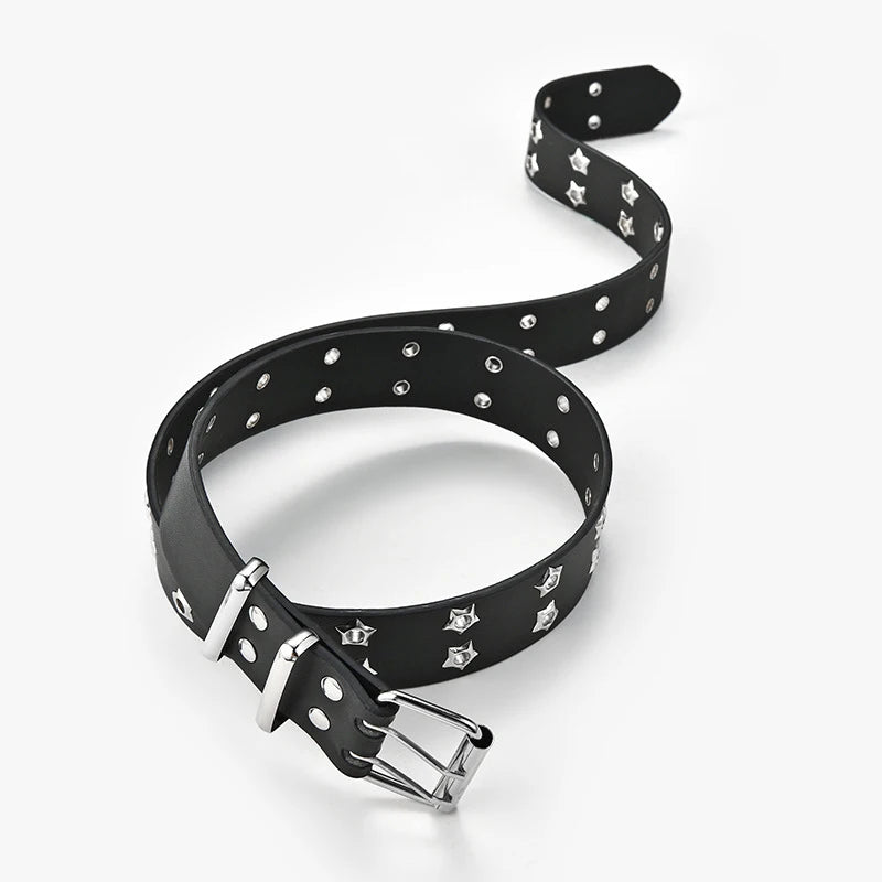 Adjustable Punk Waist Belt Star Eye Rivet Belt Goth Style Double Pin Buckle Pu Leather Waistband For Jeans Fashion Waist Strap