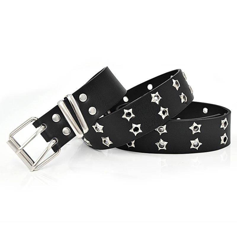 Adjustable Punk Waist Belt Star Eye Rivet Belt Goth Style Double Pin Buckle Pu Leather Waistband For Jeans Fashion Waist Strap