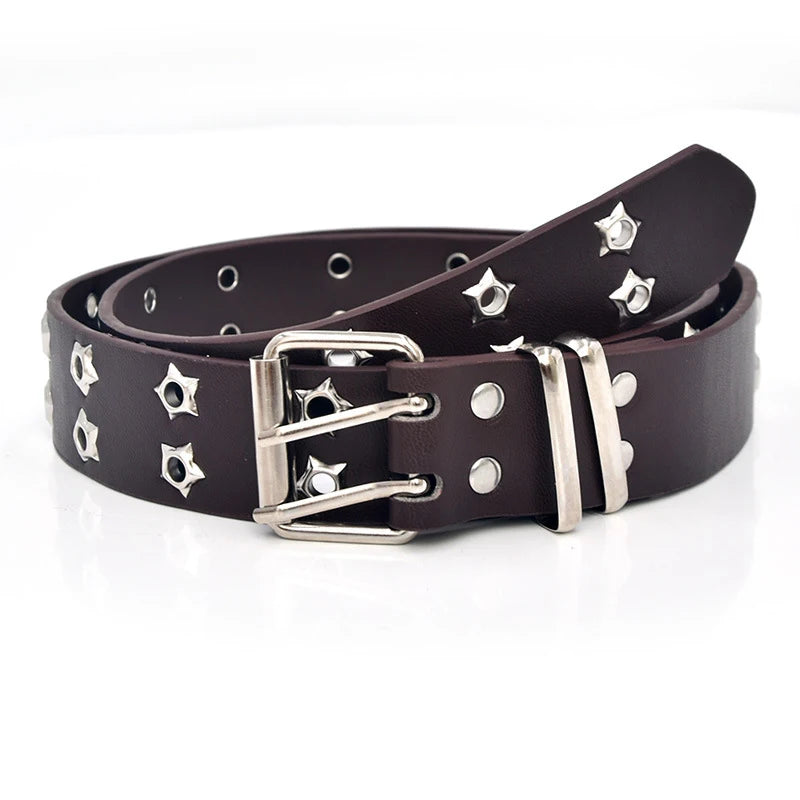 Adjustable Punk Waist Belt Star Eye Rivet Belt Goth Style Double Pin Buckle Pu Leather Waistband For Jeans Fashion Waist Strap