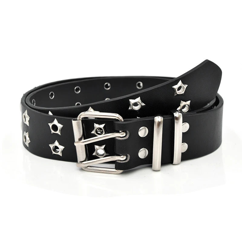 Adjustable Punk Waist Belt Star Eye Rivet Belt Goth Style Double Pin Buckle Pu Leather Waistband For Jeans Fashion Waist Strap