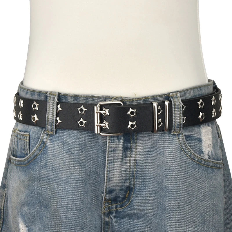 Adjustable Punk Waist Belt Star Eye Rivet Belt Goth Style Double Pin Buckle Pu Leather Waistband For Jeans Fashion Waist Strap