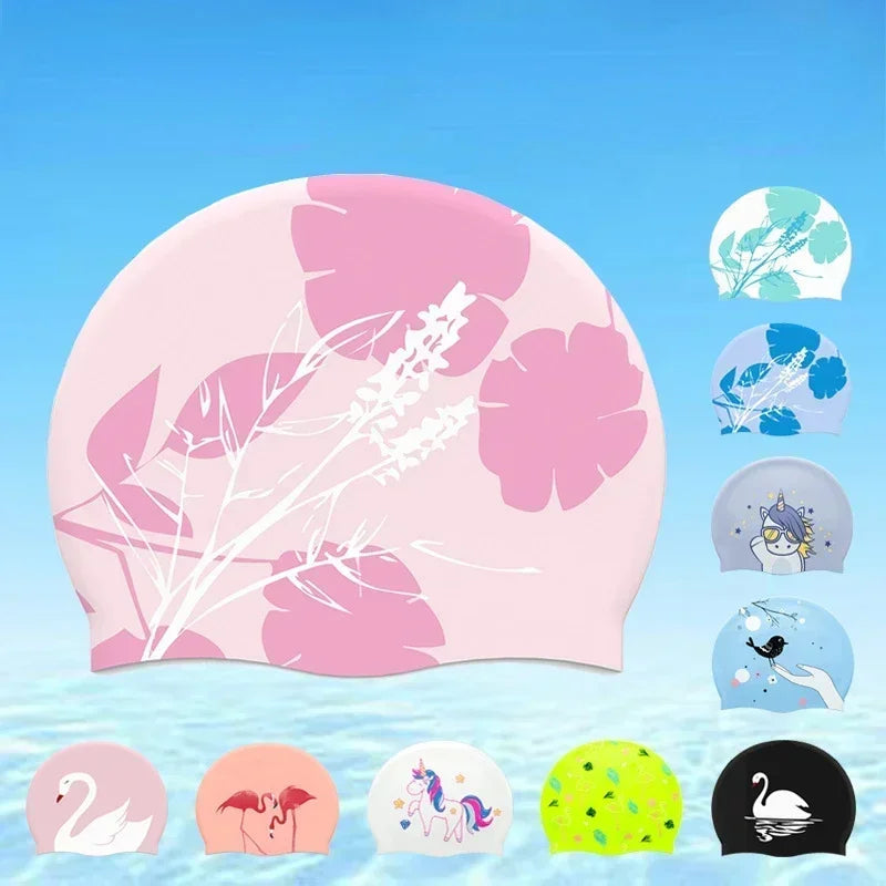 Adult Printed Silicone Swimming Cap Women Waterproof Ear Protecton Long Hair Swimming Hat Beach Pool Accessories