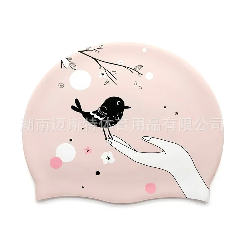 Adult Printed Silicone Swimming Cap Women Waterproof Ear Protecton Long Hair Swimming Hat Beach Pool Accessories