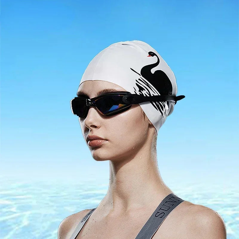 Adult Printed Silicone Swimming Cap Women Waterproof Ear Protecton Long Hair Swimming Hat Beach Pool Accessories