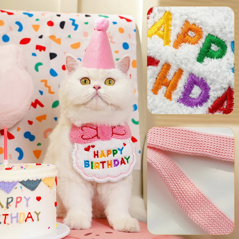 Cat Birthday Party Hat and Bib with Adjustable Bandana Pet Birthday Sweet Outfit Scarf Cats Puppy Dress Up Supplies