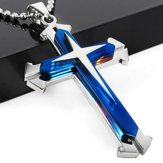 Classic Christian Jesus Three Layer Cross Necklace Men's Fashion Personality Lucky Rune Cross Pendant Exquisite Gift