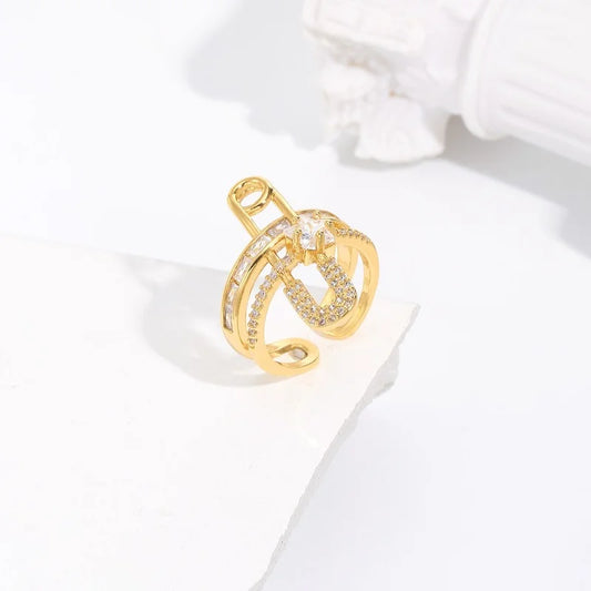 Classic Fashion  Paper Clip Zircon Ring Female Exquisite Open Adjustable Metal Index Finger Ring Jewelry