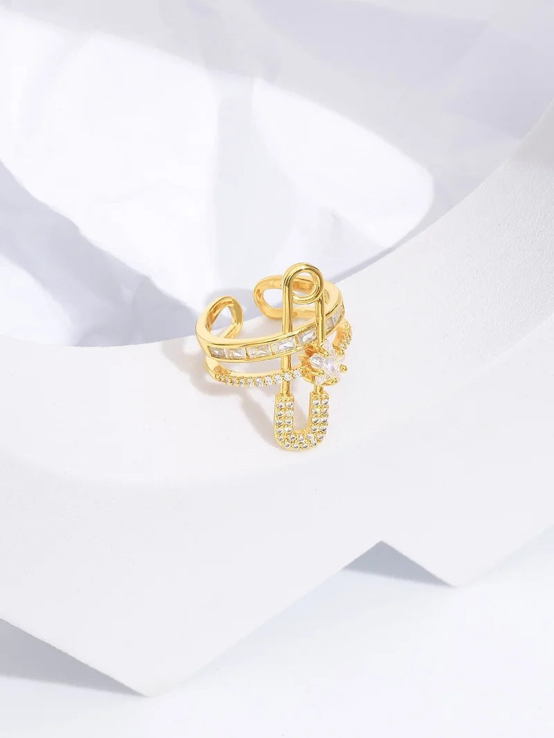 Classic Fashion  Paper Clip Zircon Ring Female Exquisite Open Adjustable Metal Index Finger Ring Jewelry