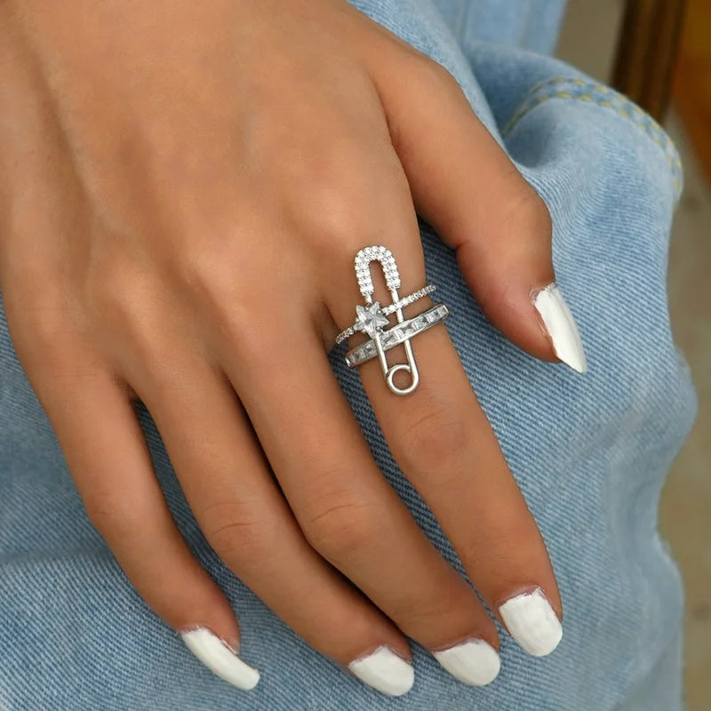 Classic Fashion  Paper Clip Zircon Ring Female Exquisite Open Adjustable Metal Index Finger Ring Jewelry