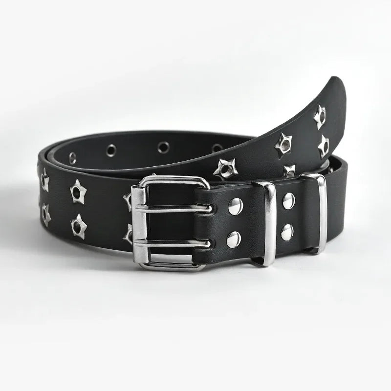 Coffee Black Punk Style Chain Belt Adjustable Hollow Star Double Breasted Buckle Metal Buckle Leather Jeans Waistband for Women