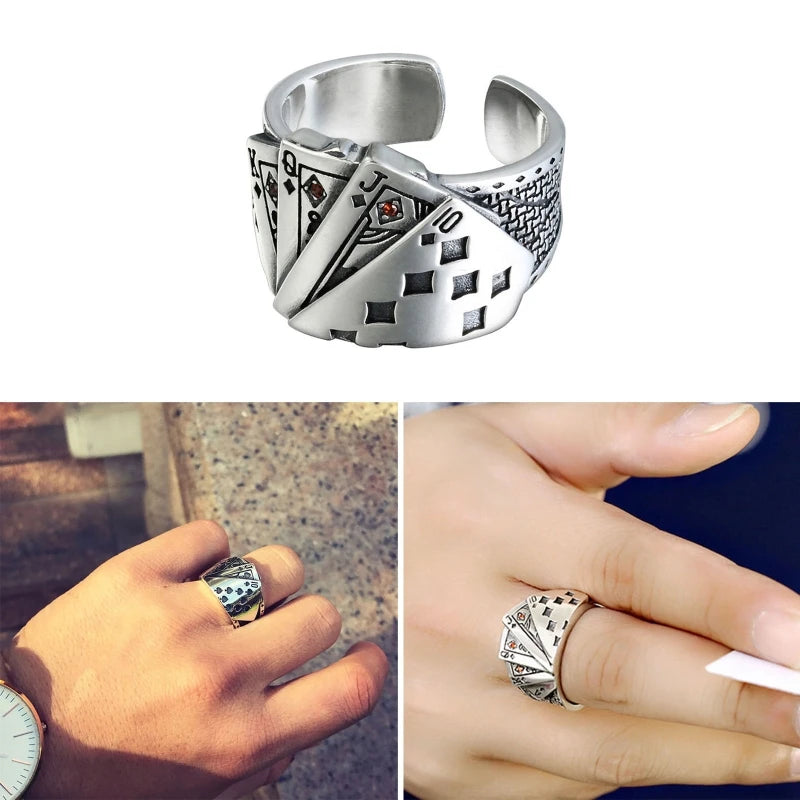 Cool Playing Card Finger Ring Open Adjustable Ring Hip Hop Lucky Band Ring