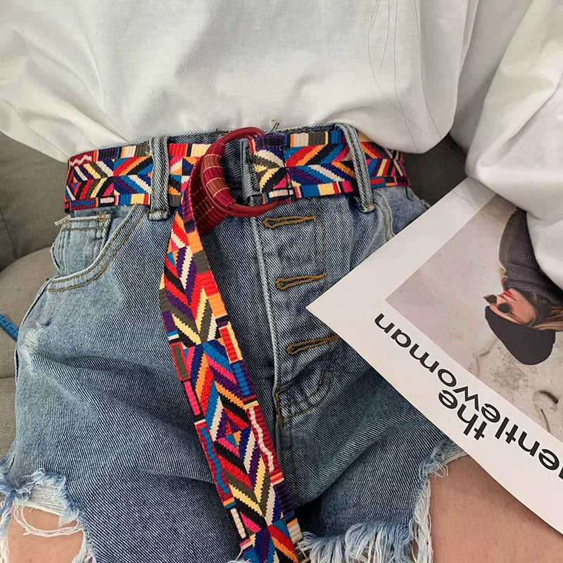 Ethnic Style Fashion Canvas Printed Striped Belt D Ring Buckle Women Waist Strap Jeans Dress Female Decoration Waistband