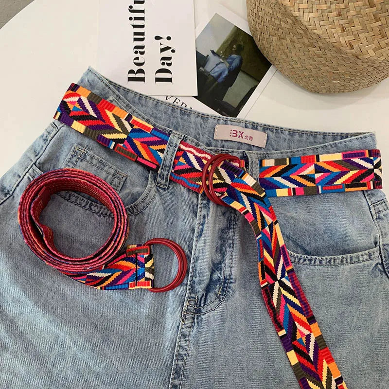 Ethnic Style Fashion Canvas Printed Striped Belt D Ring Buckle Women Waist Strap Jeans Dress Female Decoration Waistband