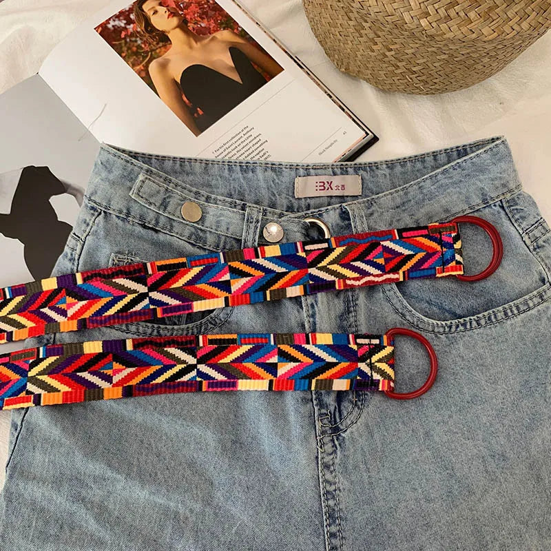 Ethnic Style Fashion Canvas Printed Striped Belt D Ring Buckle Women Waist Strap Jeans Dress Female Decoration Waistband