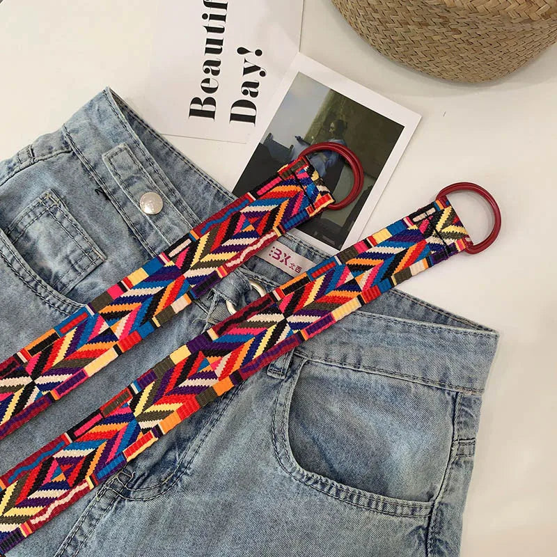 Ethnic Style Fashion Canvas Printed Striped Belt D Ring Buckle Women Waist Strap Jeans Dress Female Decoration Waistband