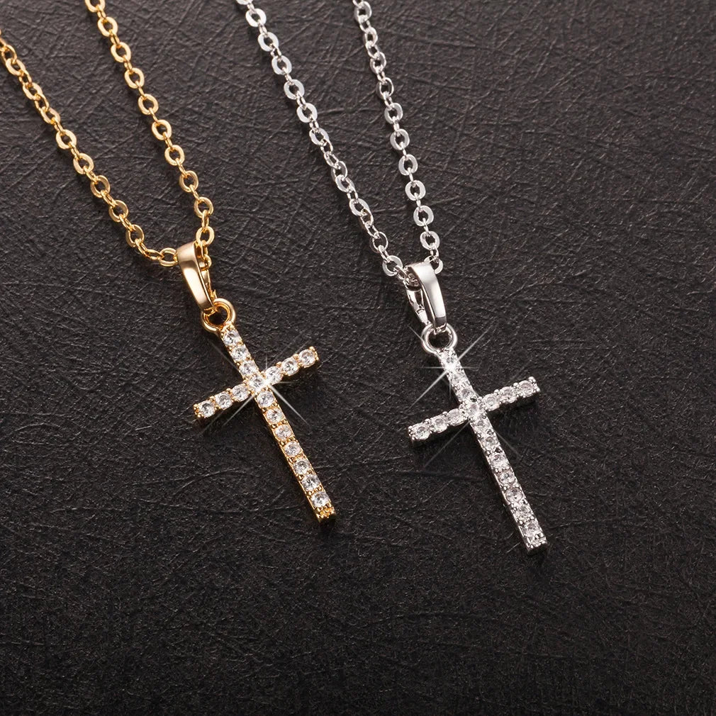 Fashion Simple Cross Necklace Silver Color Crystal Jesus Cross Pendant Necklace For Men Women Couple Jewelry Gift Wholesale