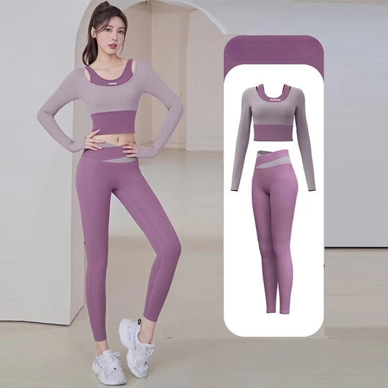 High Waist Yoga Set Lady Gym Suit Shockproof Sport Bra Crop Top Patchwork Tracksuit Women Fitness Outfit Training Wear