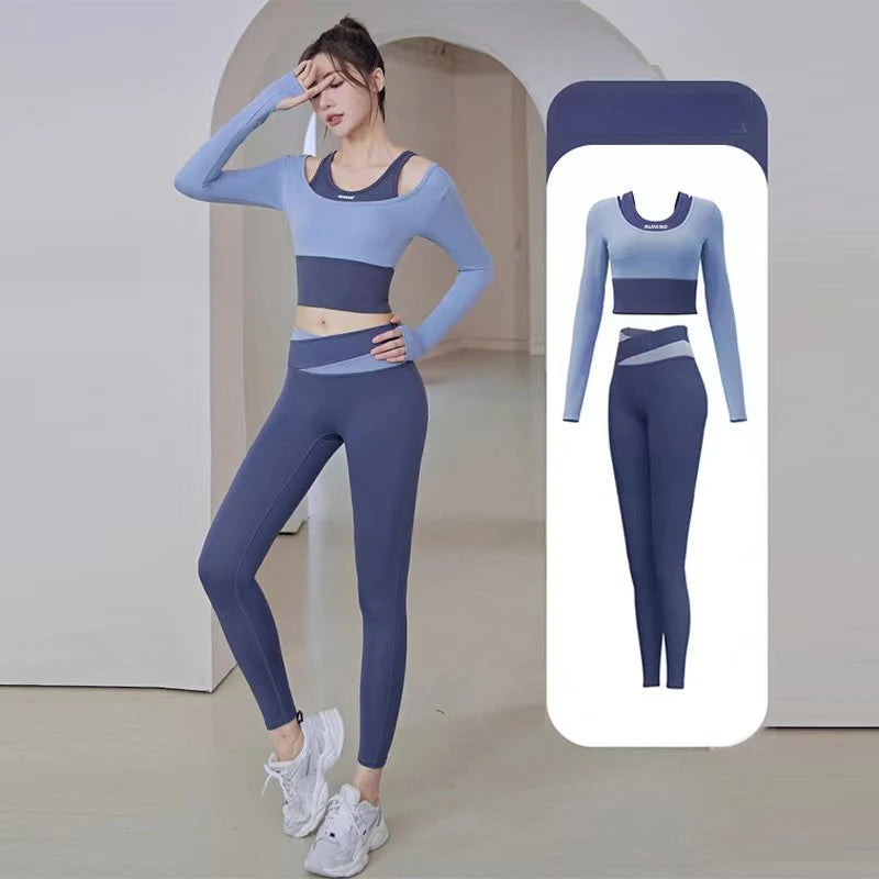 High Waist Yoga Set Lady Gym Suit Shockproof Sport Bra Crop Top Patchwork Tracksuit Women Fitness Outfit Training Wear