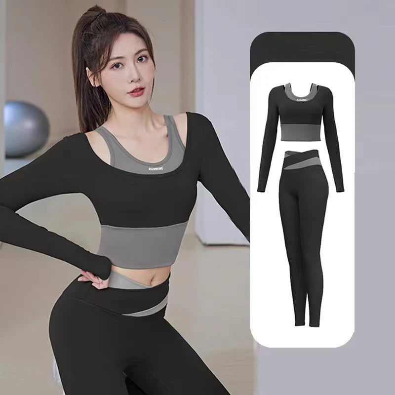 High Waist Yoga Set Lady Gym Suit Shockproof Sport Bra Crop Top Patchwork Tracksuit Women Fitness Outfit Training Wear