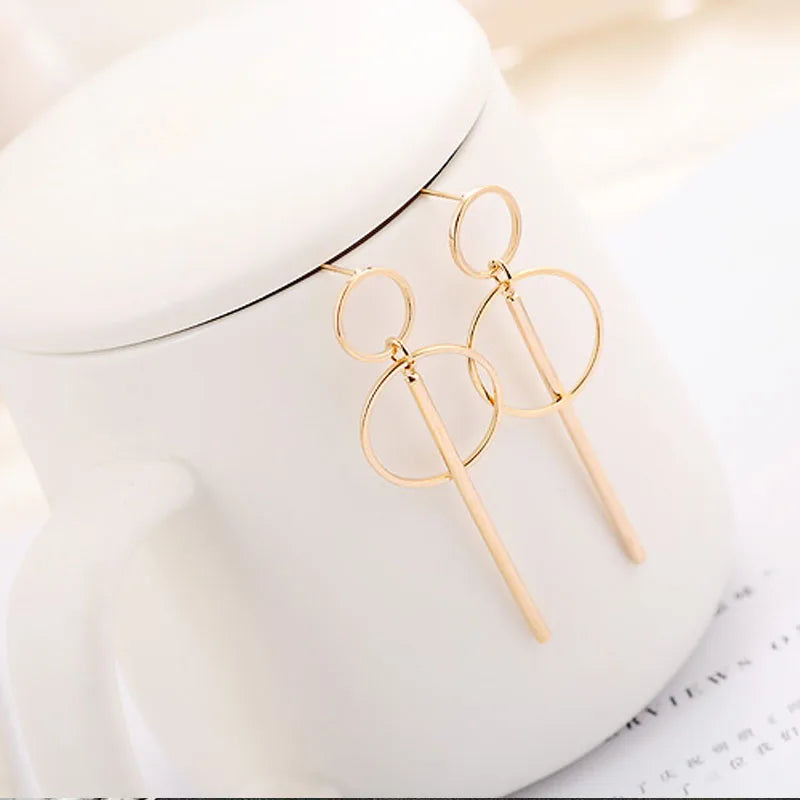 Hot Sale Geometry Earrings For Women Jewelry Double Circle Long Rod Tassel Pendant Earring Oorbellen Brincos Ladies Gifts Bijoux