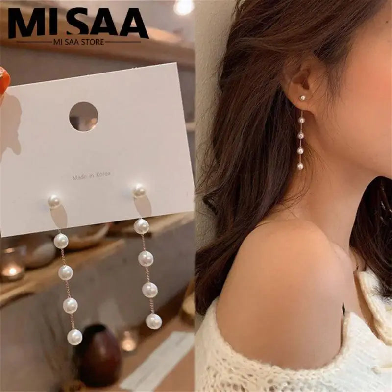 Inlay Geometry Long Style Pendant Atmosphere Chain No Fading Pearl Drop Earrings Fashion Elegant Accessories Mini Retro Earrings