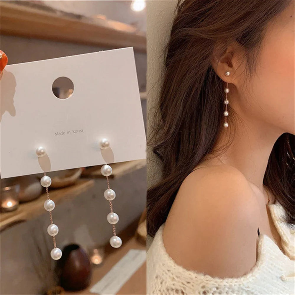 Inlay Geometry Long Style Pendant Atmosphere Chain No Fading Pearl Drop Earrings Fashion Elegant Accessories Mini Retro Earrings