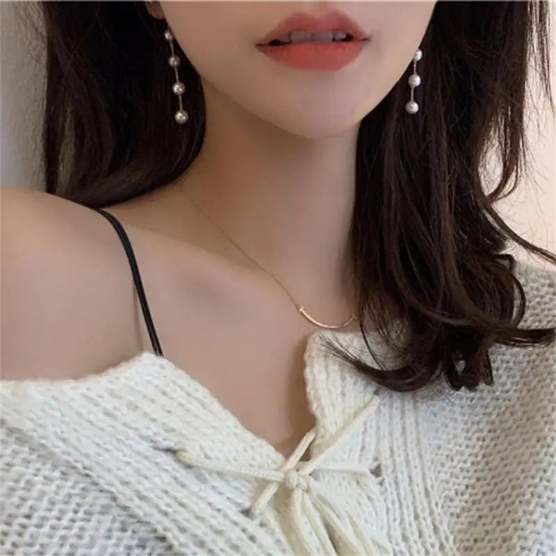 Inlay Geometry Long Style Pendant Atmosphere Chain No Fading Pearl Drop Earrings Fashion Elegant Accessories Mini Retro Earrings