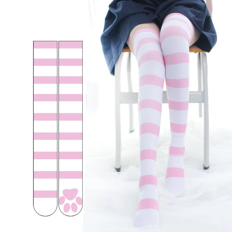 Lolita Over Knee Socks Pink Strip Kawaii Cat Paw Print Stockings Lolita Gothic Velvet Over The Knee Thigh High JK Long Stockings