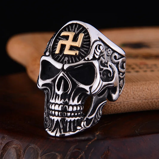 Mf Ghost Punk Doom Swastika Symbol Skull Misika Ring Size 14 Stainless Skeleton Big Rings For Men Svastika Head Of State