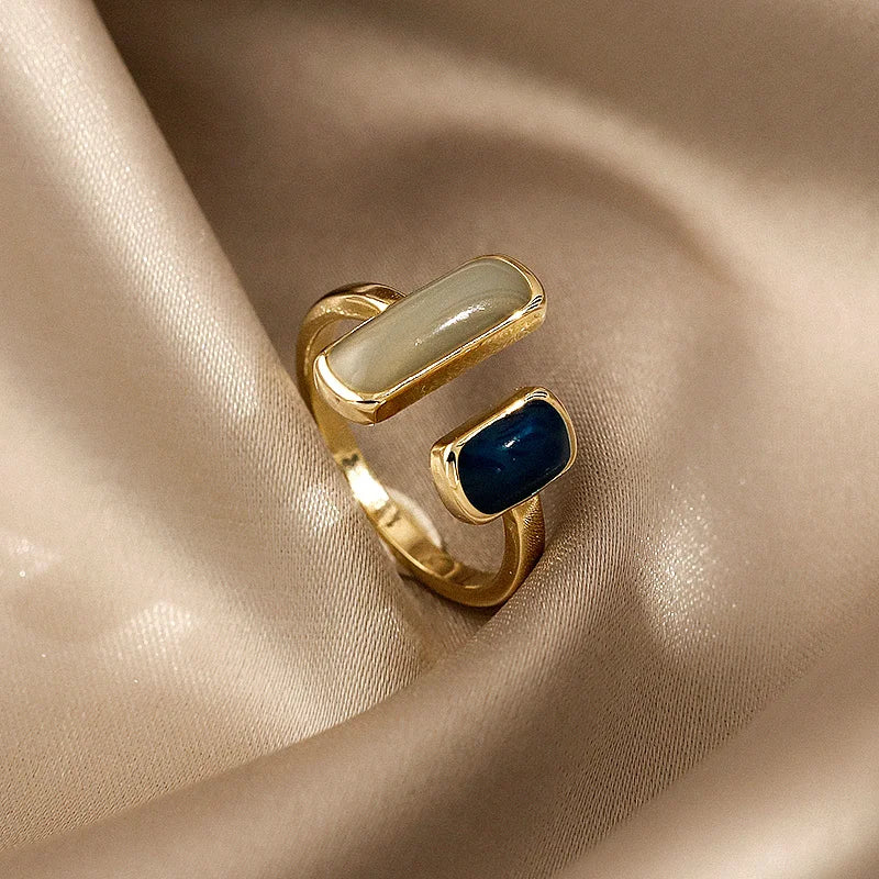 New Square Blue Oil Dripping Rings Light Luxury French Retro Simple Opening Ring 2023 Fashion Temperament Women's Jewelry