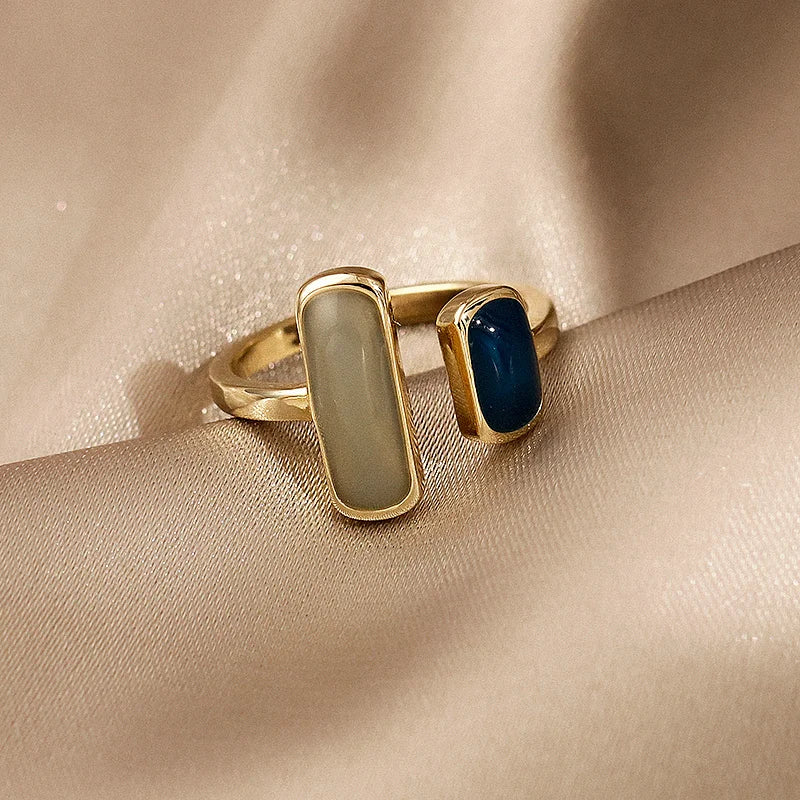 New Square Blue Oil Dripping Rings Light Luxury French Retro Simple Opening Ring 2023 Fashion Temperament Women's Jewelry