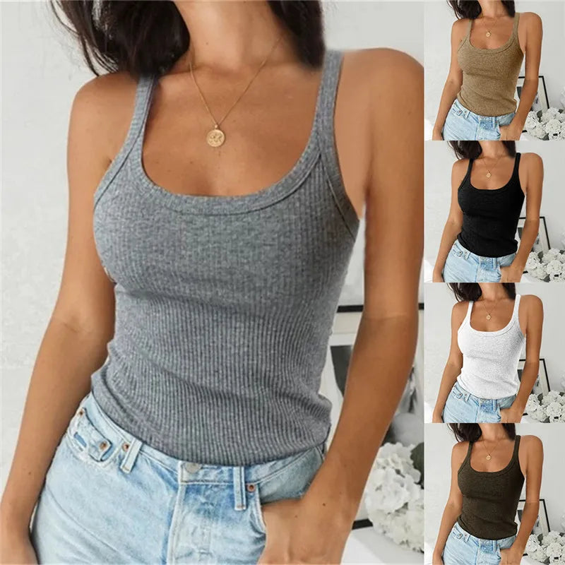 O Neck Summer Knit Crop Top Sleeveless Women Basic Camisole T Shirt Spaghetti Vest Ribbed Female Tank Top Casual