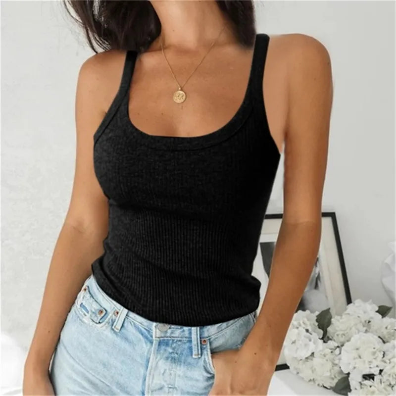 O Neck Summer Knit Crop Top Sleeveless Women Basic Camisole T Shirt Spaghetti Vest Ribbed Female Tank Top Casual