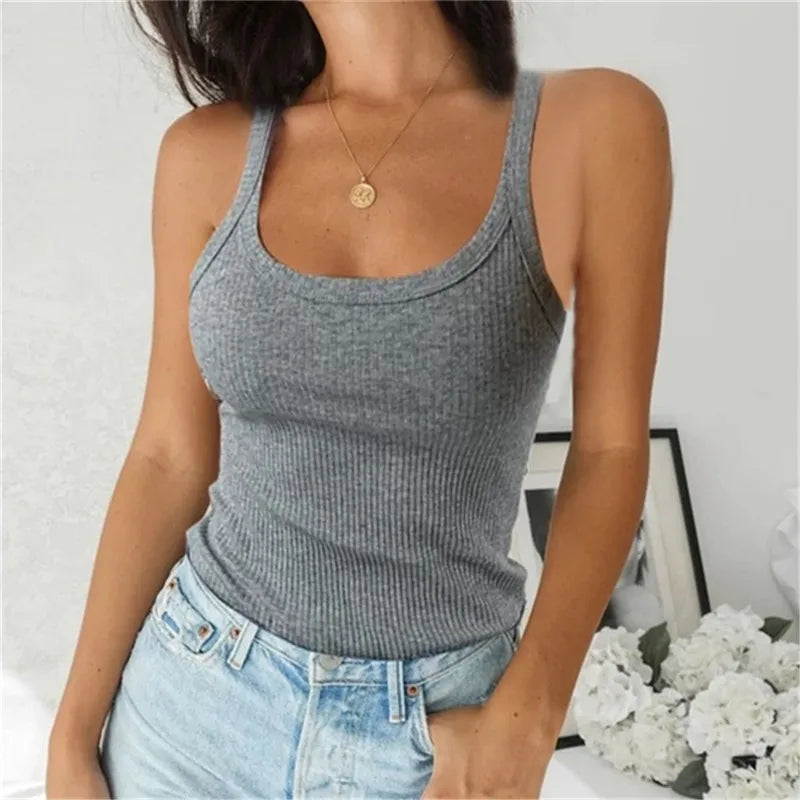 O Neck Summer Knit Crop Top Sleeveless Women Basic Camisole T Shirt Spaghetti Vest Ribbed Female Tank Top Casual