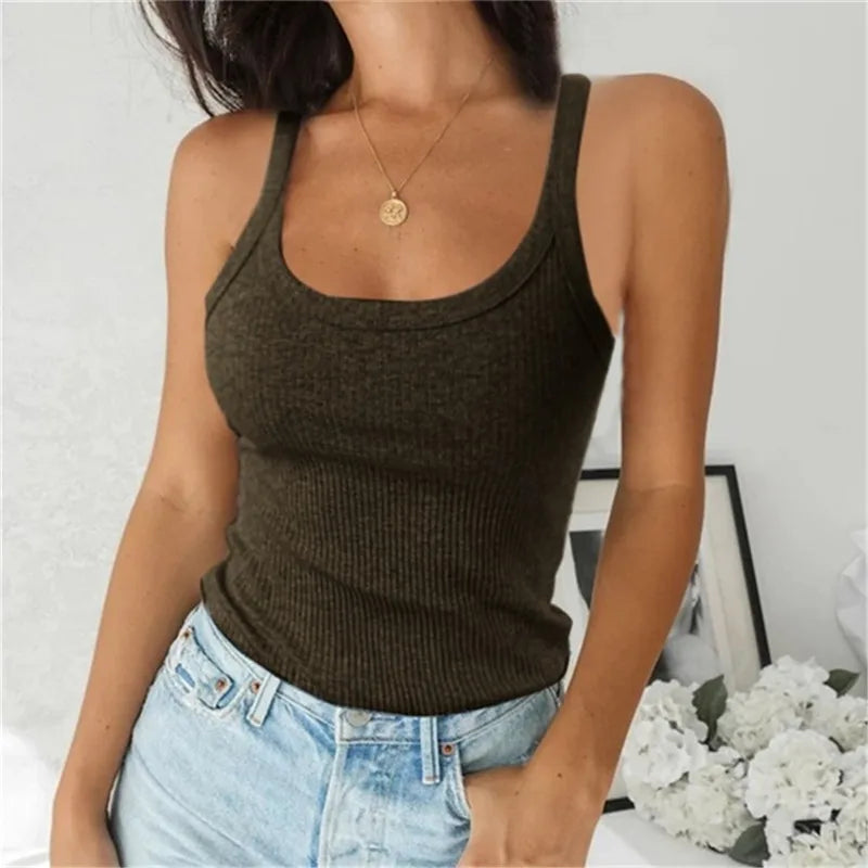 O Neck Summer Knit Crop Top Sleeveless Women Basic Camisole T Shirt Spaghetti Vest Ribbed Female Tank Top Casual